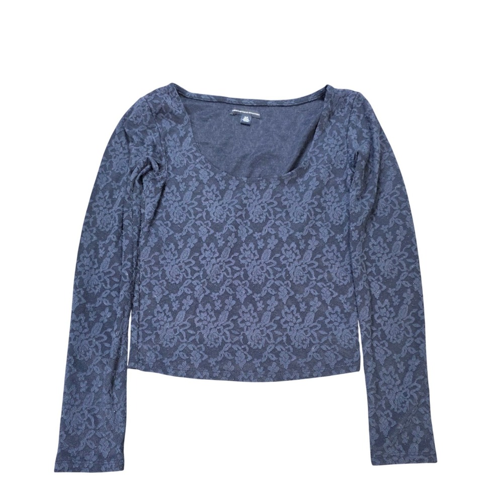 American Eagle Floral Lace Long Sleeve Top Women's Size‎ S Navy Blue Scoop Neck
